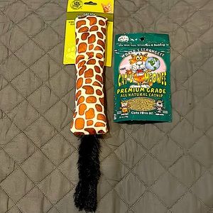 Giraffe print toy with faux fur has jingle bell inside